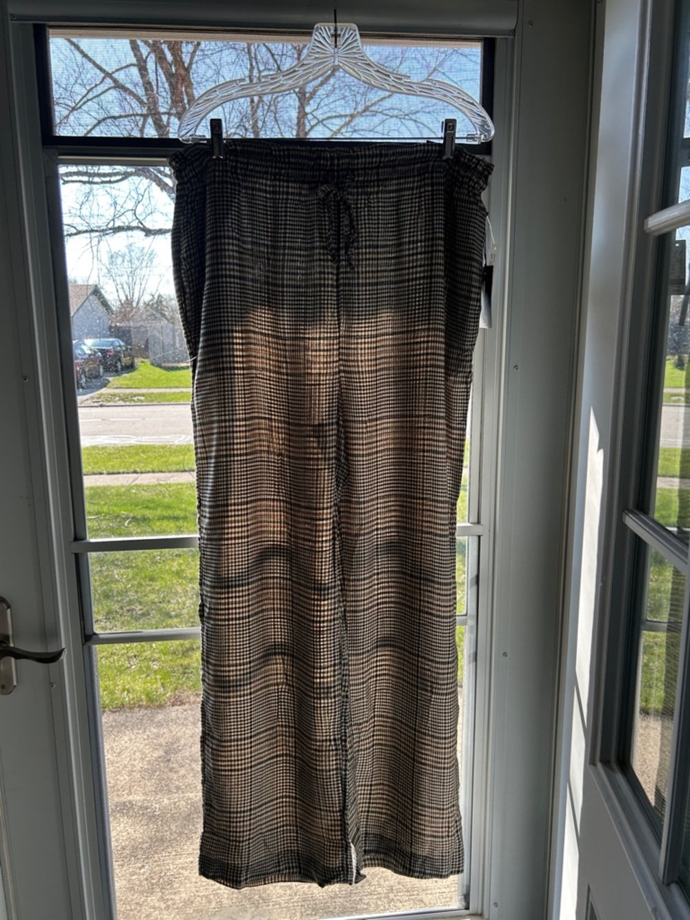 Wide Leg Plaid Pants - Black brown and cream